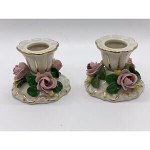 Vintage Dresden Candlestick Holders, Set of 2, Applied Pink Roses And Leaves, 2”